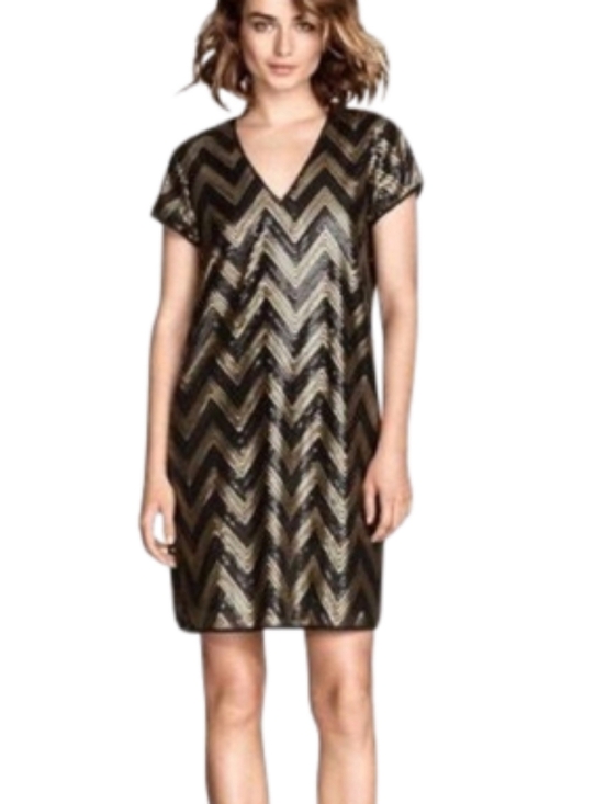 H&M Black Gold V-Neck Chevron Sequins Night Out Dress Size Women's Small 6 - Picture 1 of 10